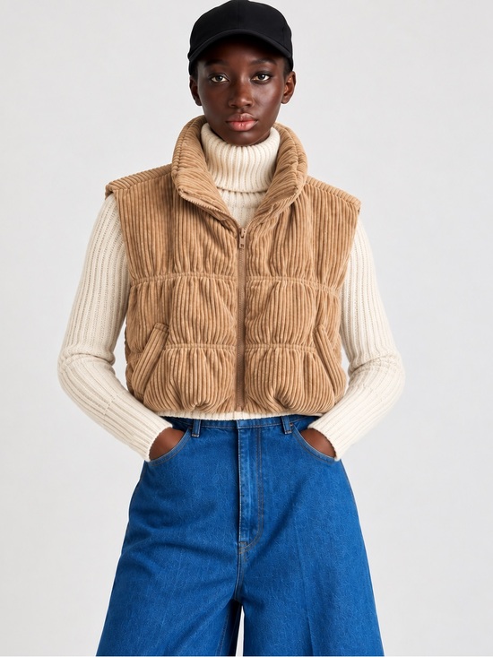 Cali1850 Jackets & Blazers - CALI 1850 Corduroy Cropped Puffer Vest Tan Beige Size M